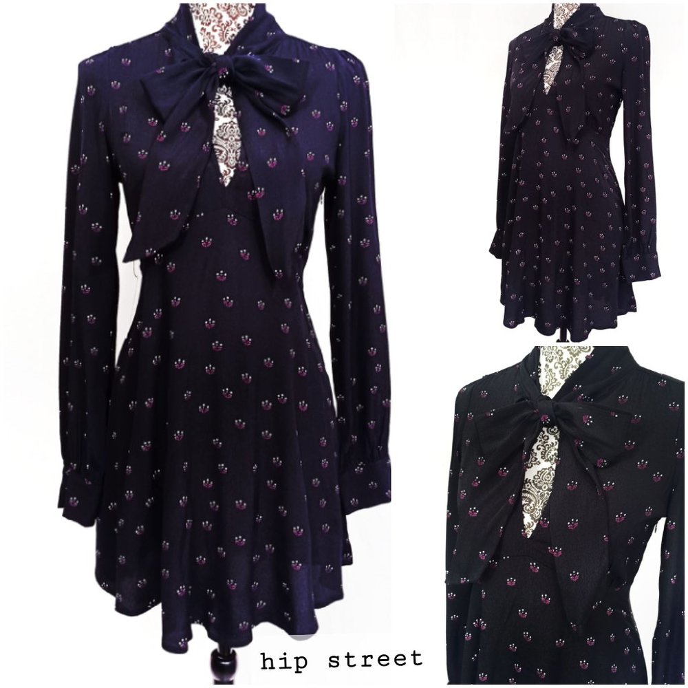 EXPRESS Dress Black Print Crepe LS V Bow Tie Neck Swing Skirt 60's look XS NWT